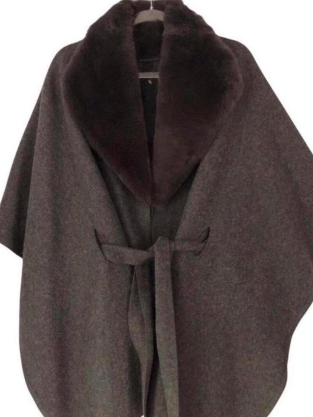 Dark Charcoal Wool Wrap Cape Jacket with Faux Fur Collar - Picture 5 of 6